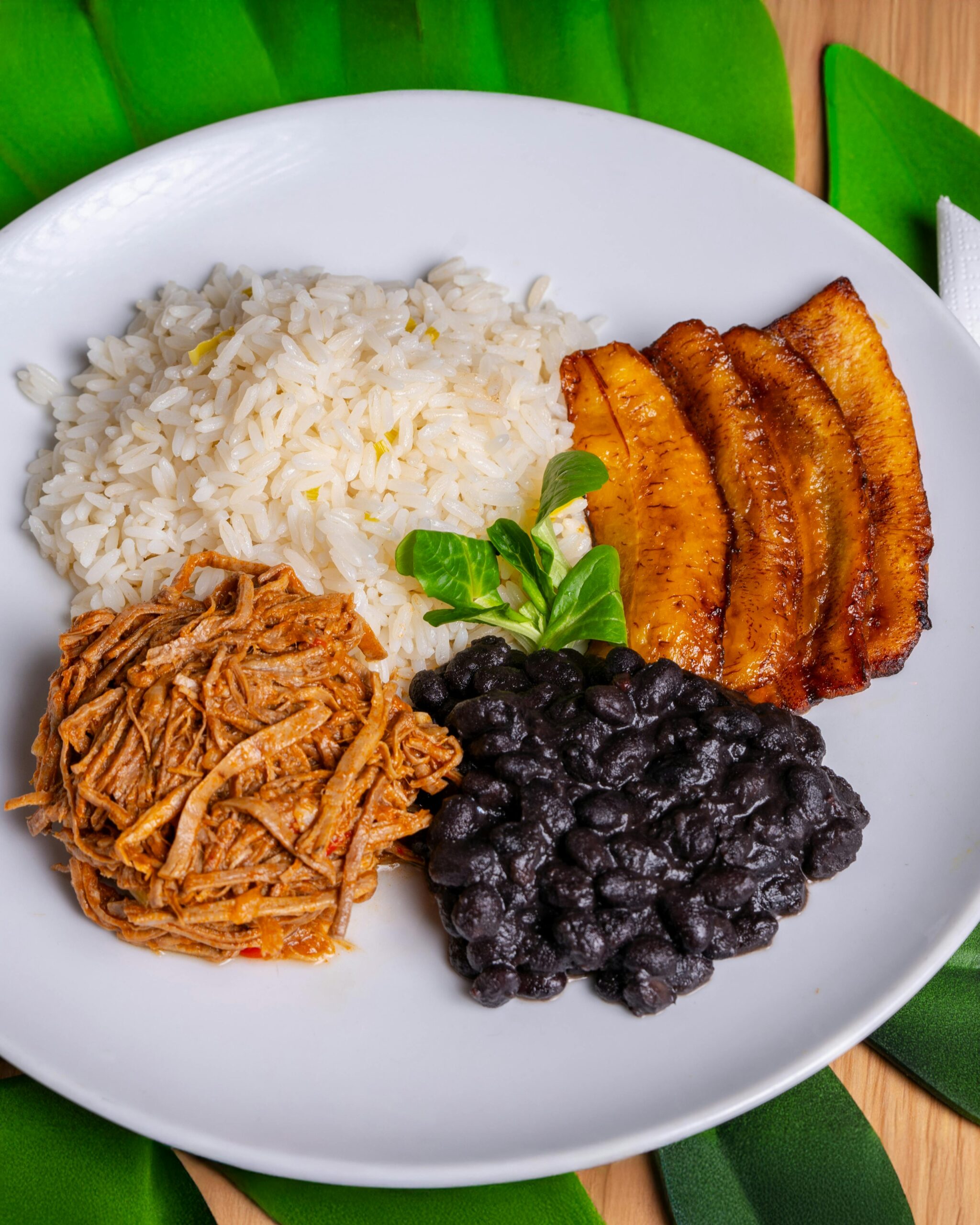 Home Latin American cuisine featuring rice, plantains, black beans, and shredded beef.